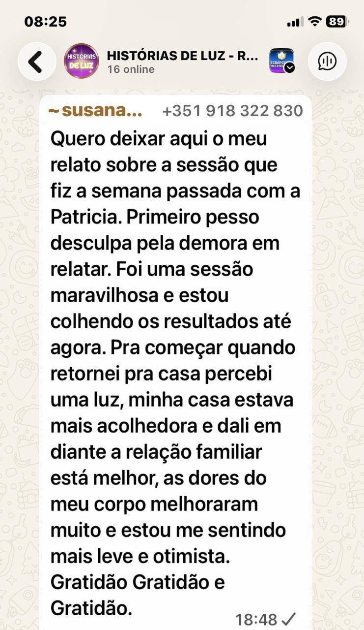 Print de mensagem no WhatsApp de Susana relatando casa mais leve e melhora nas dores após a sessão