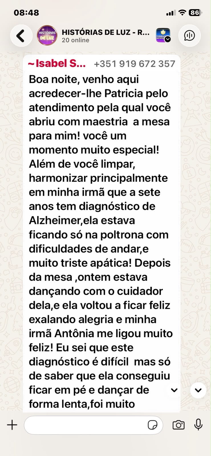 Print de mensagem no WhatsApp de Isabel S. agradecendo pela Mesa Radiônica e relatando a melhora da irmã