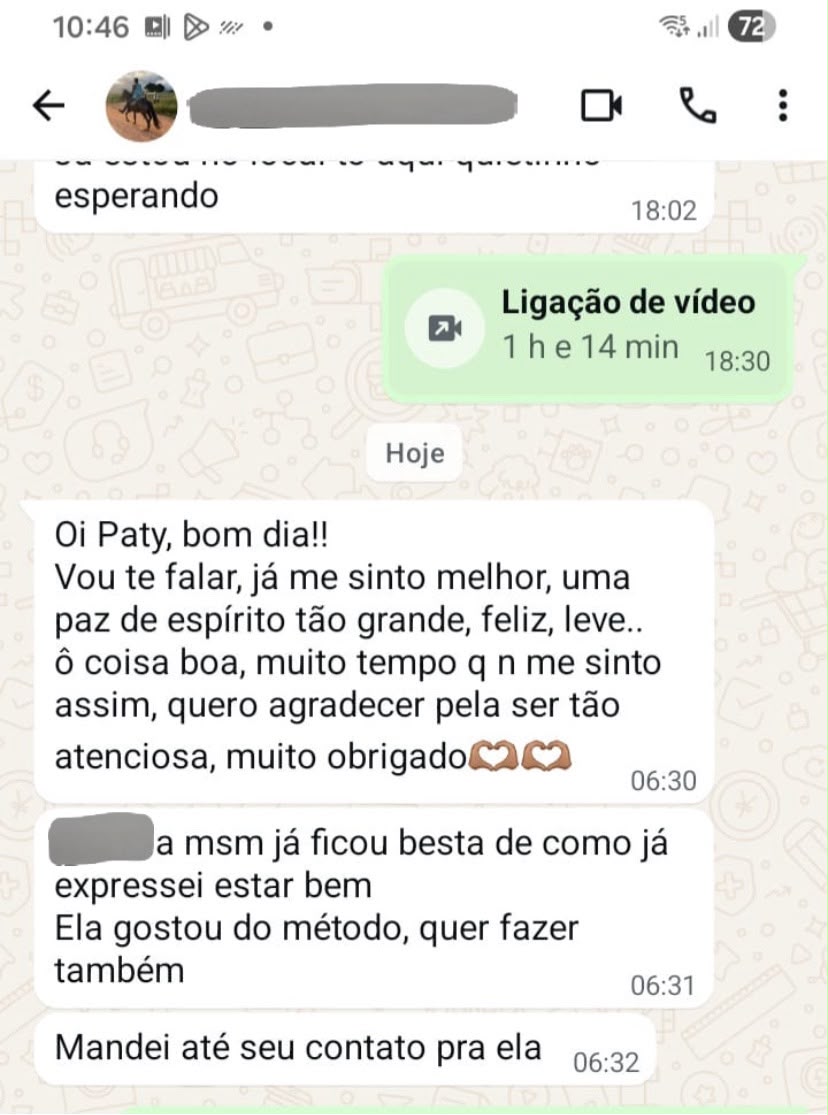 Print de mensagem no WhatsApp de consulente relatando paz de espírito e leveza após o atendimento