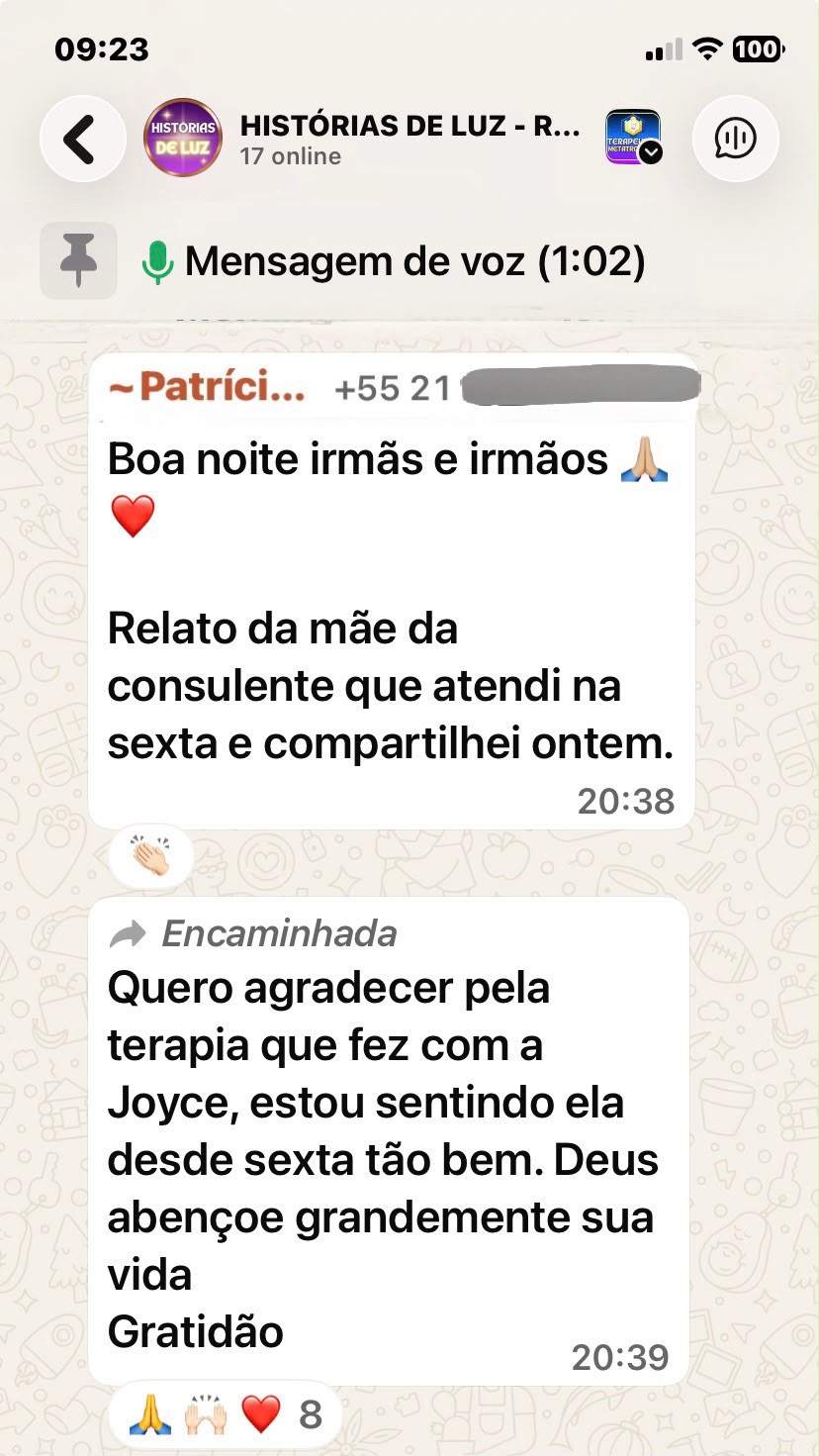 Print de mensagem no WhatsApp da mãe de uma consulente agradecendo pela terapia feita com a filha