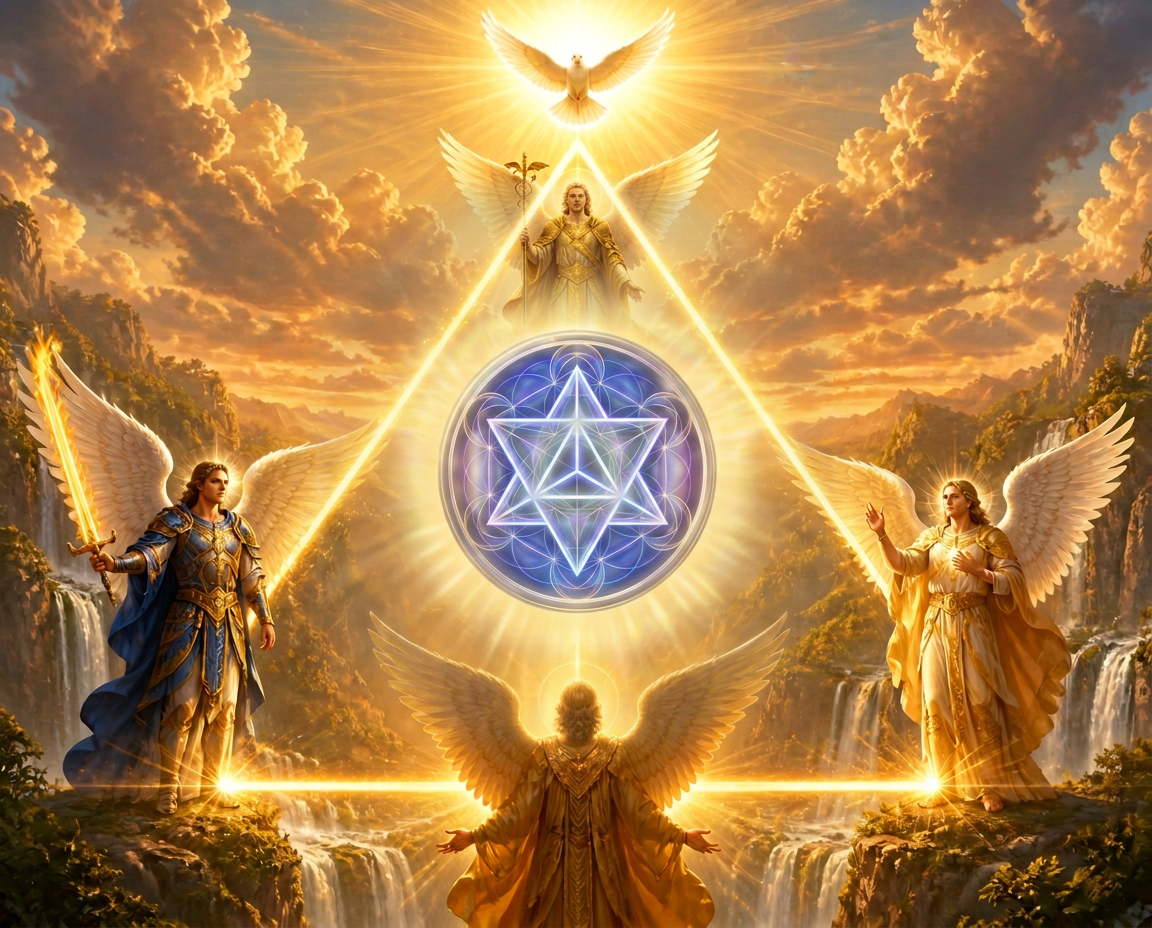 Pirâmide de Merkabah com geometria sagrada, anjos e luz dourada representando a harmonização energética