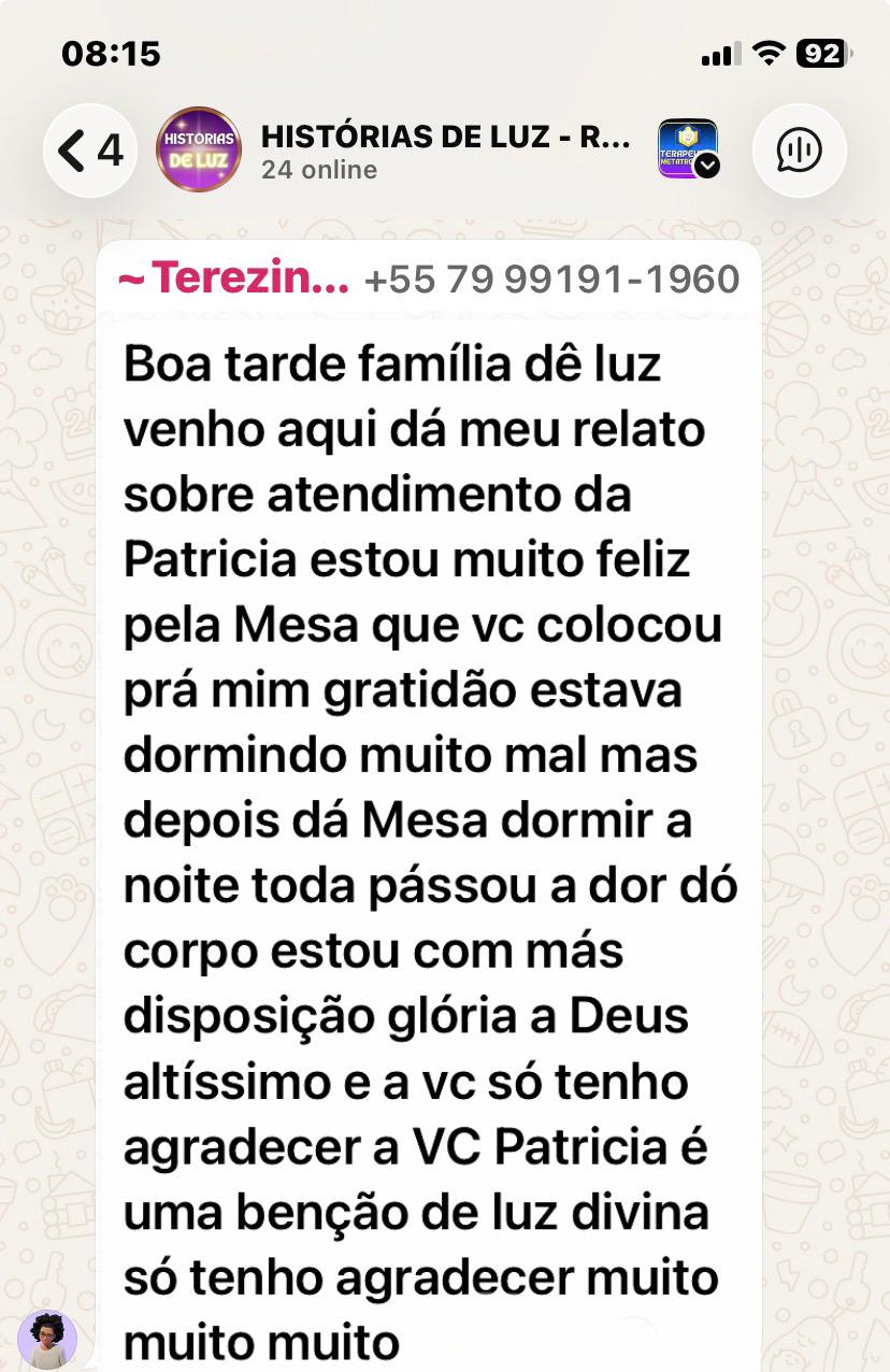 Print de mensagem no WhatsApp de Terezinha relatando melhora do sono e mais disposição após a Mesa Radiônica