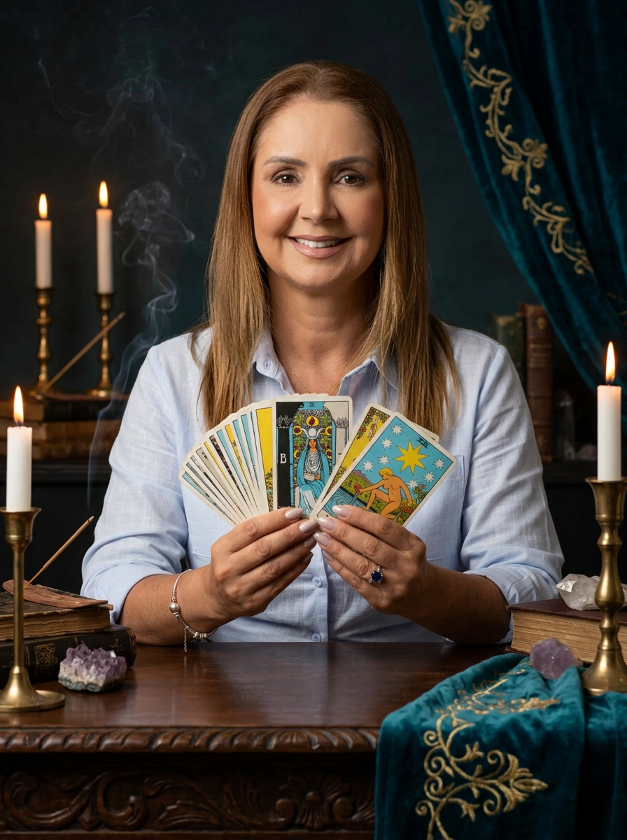 Paty segurando um leque de cartas de tarot à luz de velas